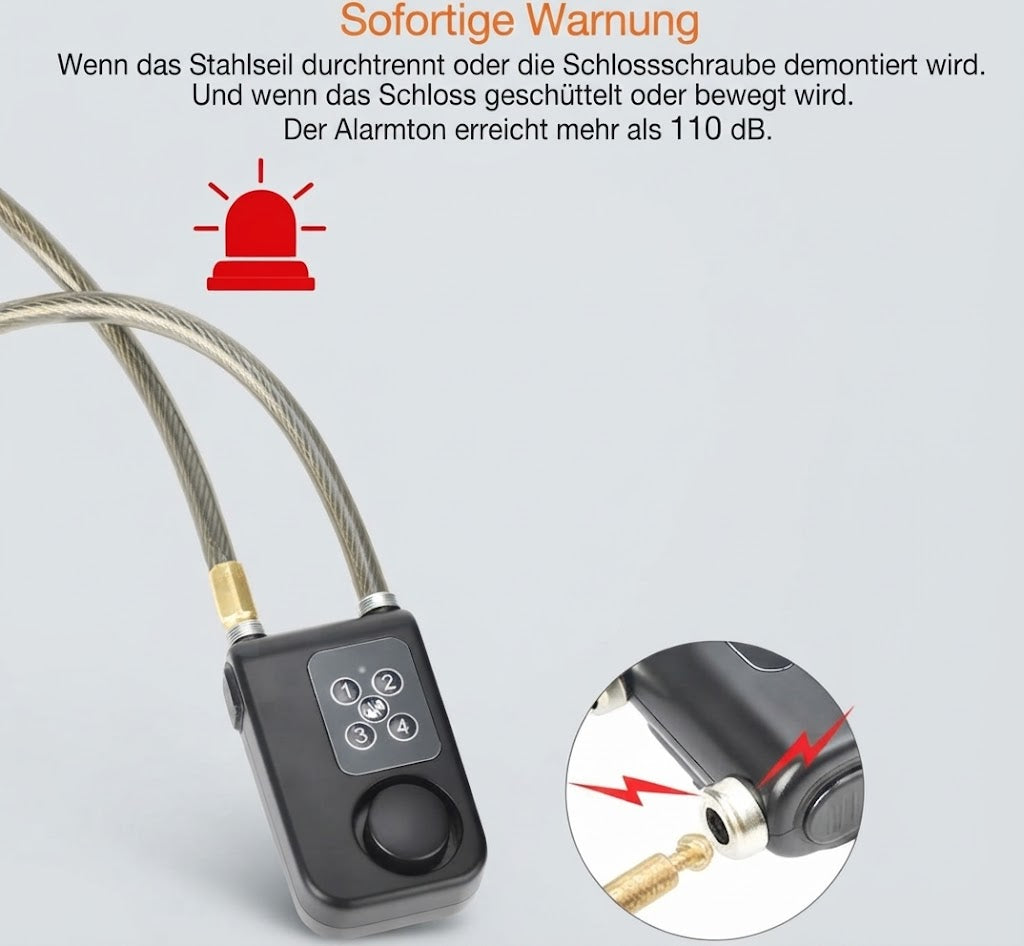 Alarm-Schloss mit Fernbedienung & Zahlenschloss – Stahlkabelschloss