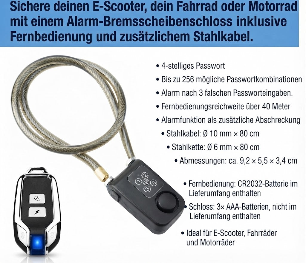 Alarm-Schloss mit Fernbedienung & Zahlenschloss – Stahlkabelschloss