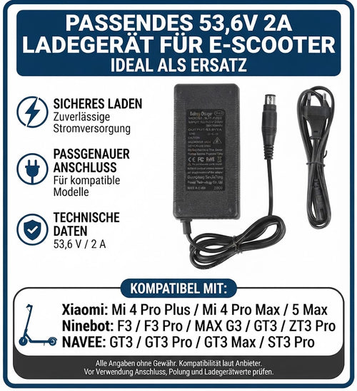 53,6V 2A Ladegerät für Xiaomi Mi 4 Pro Plus / Mi 4 Pro Max / 5 Max – Ninebot F3 / F3 Pro / MAX G3 / GT3 / ZT3 Pro – NAVEE GT3 / GT3 Pro / GT3 Max / ST3 Pro