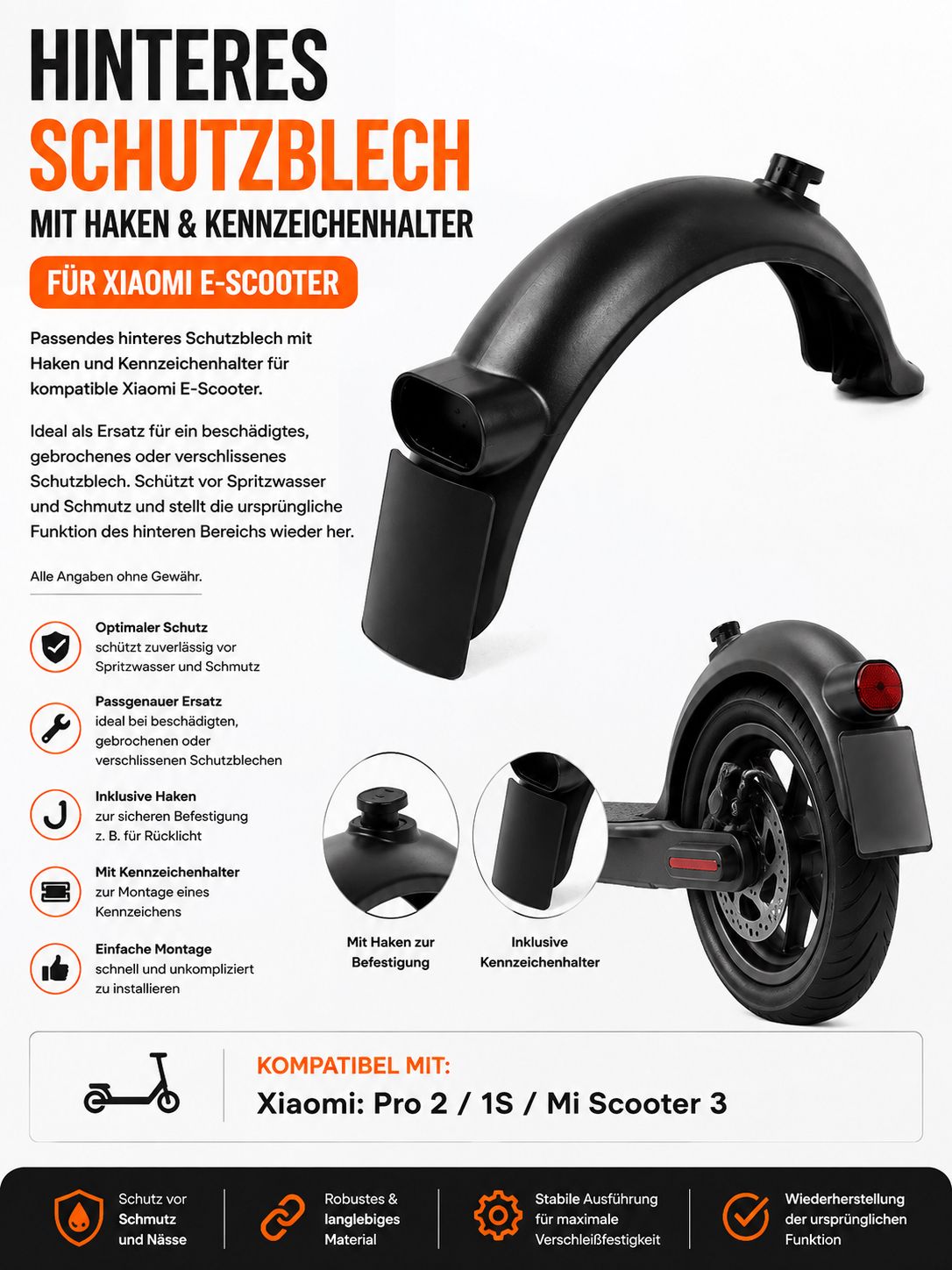 Hinteres Schutzblech mit Haken und Kennzeichenhalter (ohne Rücklicht)  für Xiaomi Pro 2 / 1S / Mi 3