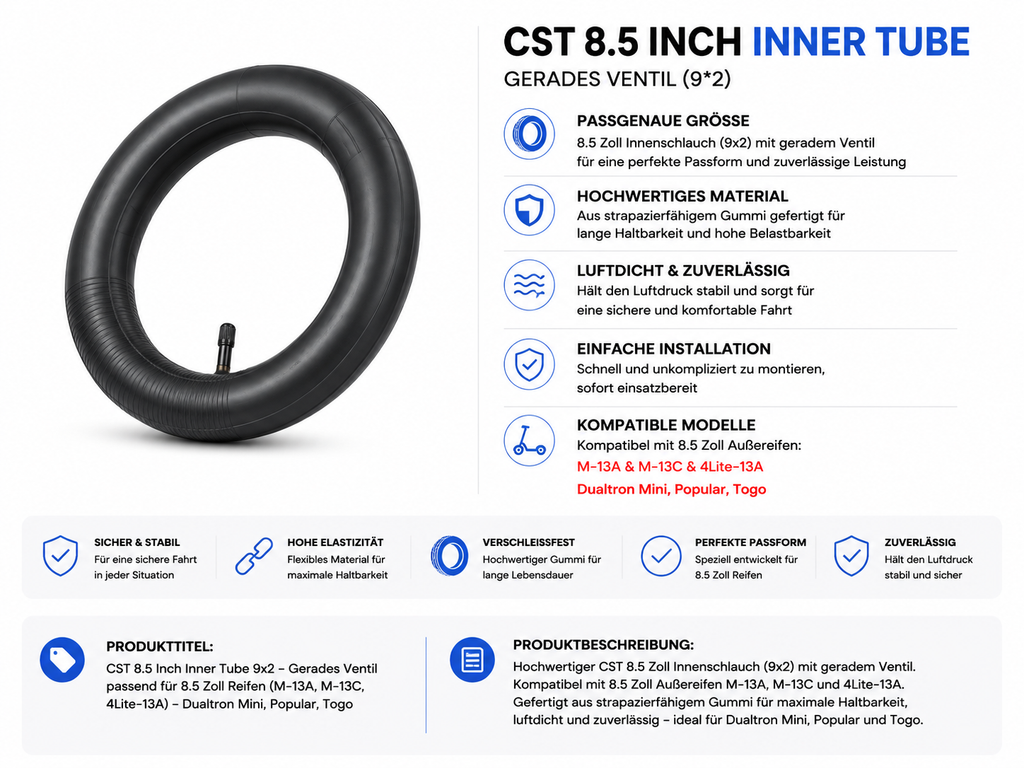 CST 8,5 Zoll Schlauch 9×2 mit geradem Ventil für M-13A / M-13C / Lite-13A