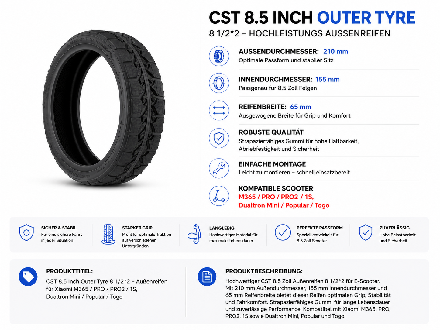 CST 8,5 Zoll Außenreifen 8 1/2×2 für Xiaomi M365 / Pro / Pro 2 / 1S & Dualtron Mini / Popular / Togo
