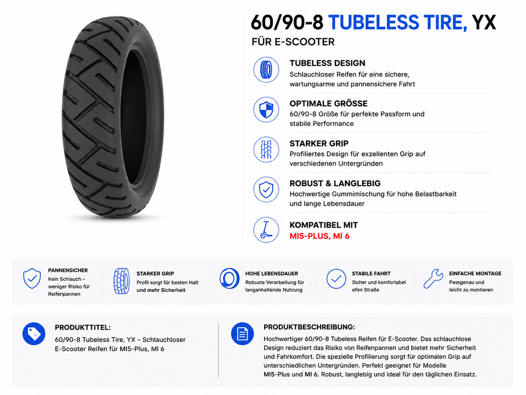 60/90-8 Tubeless Reifen für YX Mi5-Plus / Mi 6