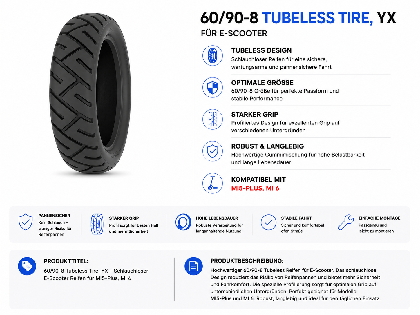 60/90-8 Tubeless Reifen für YX Mi5-Plus / Mi 6