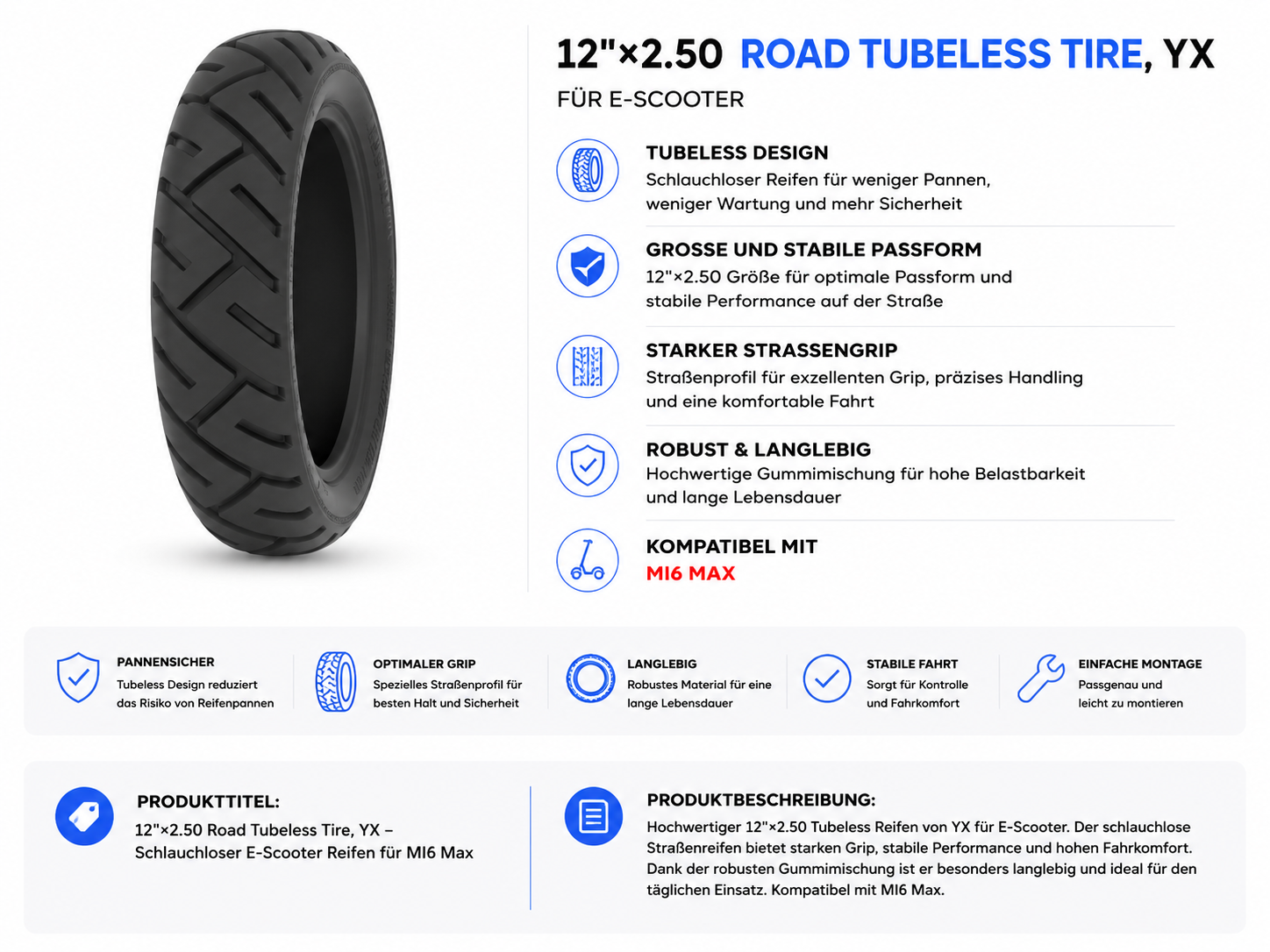 12×2.50 Tubeless Straßenreifen für YX Mi6 Max