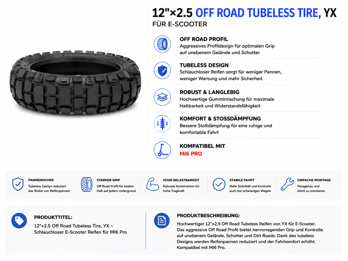 12×2.5 Offroad Tubeless Reifen für YX Mi6 Pro