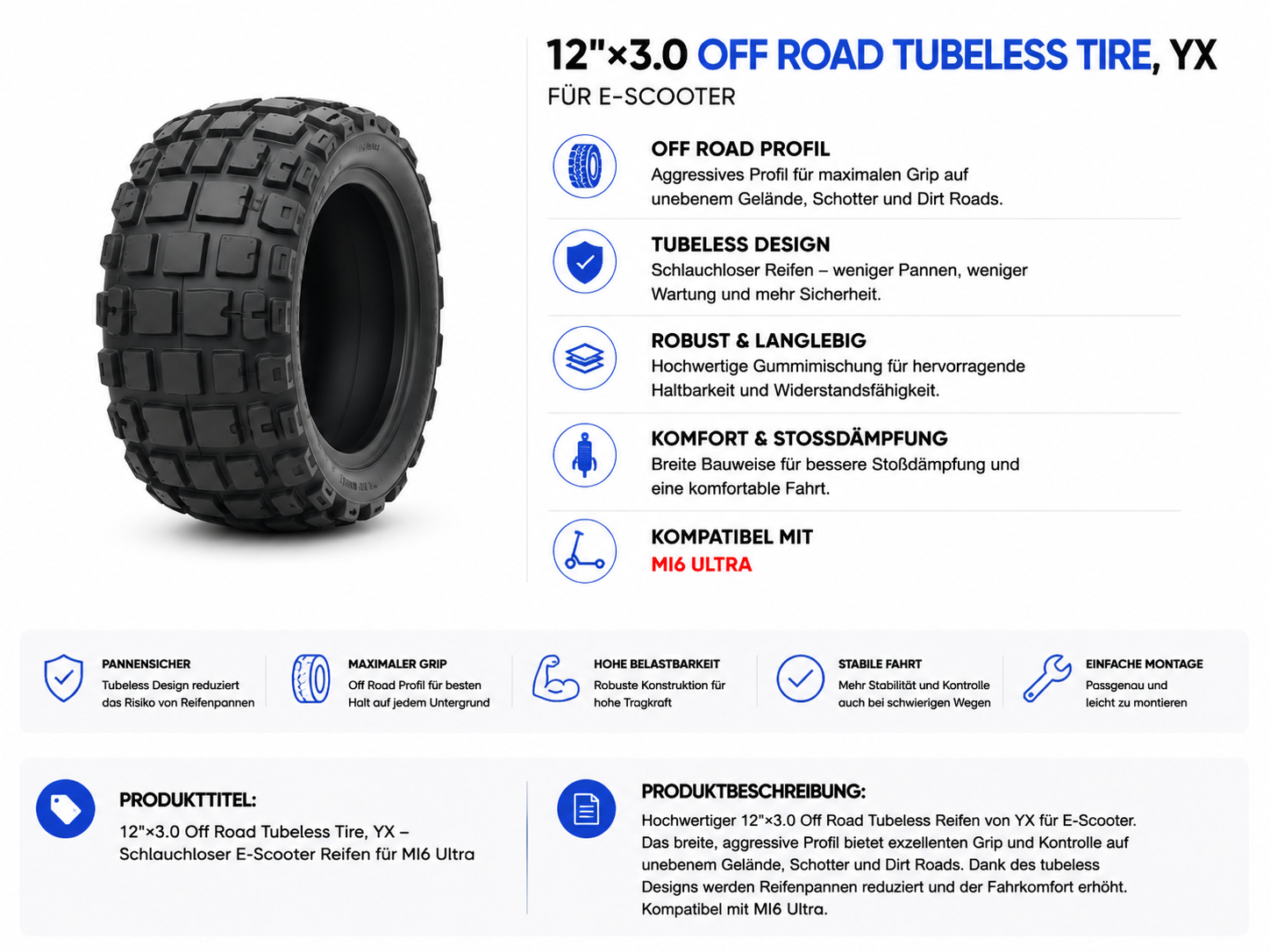 12×3.0 Offroad Tubeless Reifen für YX Mi6 Ultra