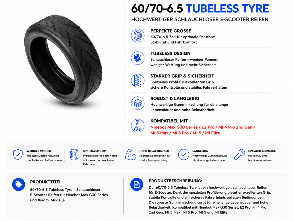 60/70-6.5 Tubeless Reifen für Ninebot Max G30 / E2 Pro / Xiaomi 4 Pro 2. Gen / Mi 5 Serie