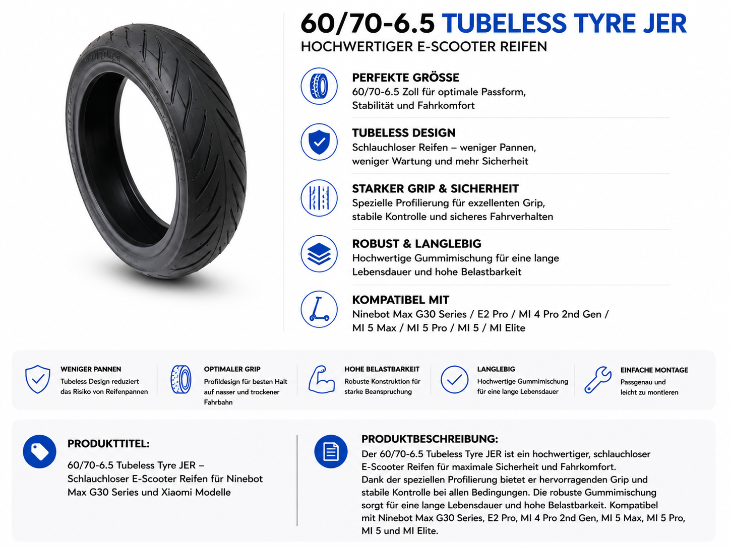 JER 60/70-6.5 Tubeless Reifen für Ninebot Max G30 / E2 Pro / Xiaomi 4 Pro 2. Gen / Mi 5 Serie