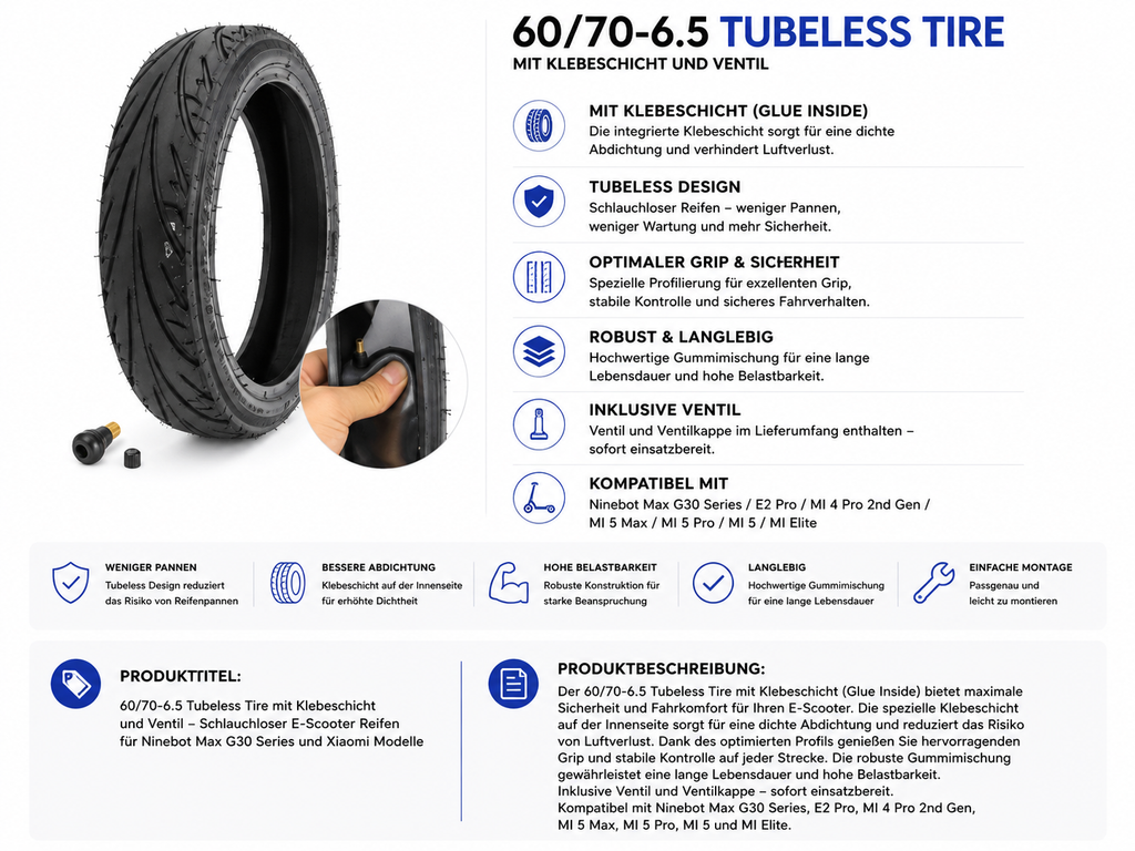 60/70-6.5 Tubeless Reifen mit Dichtkleber & Ventil für Ninebot Max G30 / E2 Pro / Xiaomi Mi 4 Pro 2. Gen / Mi 5 Serie