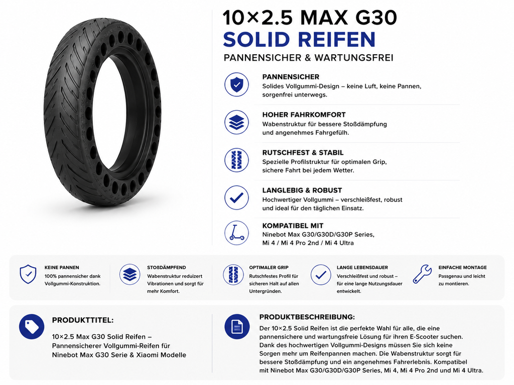 10×2.5 Vollgummireifen für Ninebot Max G30 / G30D / G30P & Zero 10 / 10X