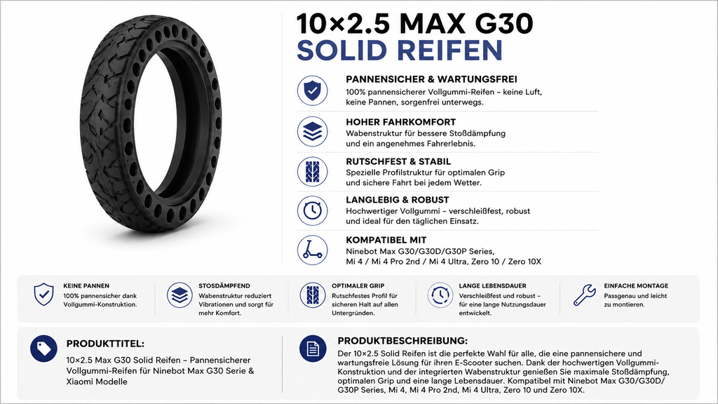 10×2.5 Offroad Vollgummireifen für Ninebot Max G30 / G30D / G30P & Xiaomi Mi 4 Serie