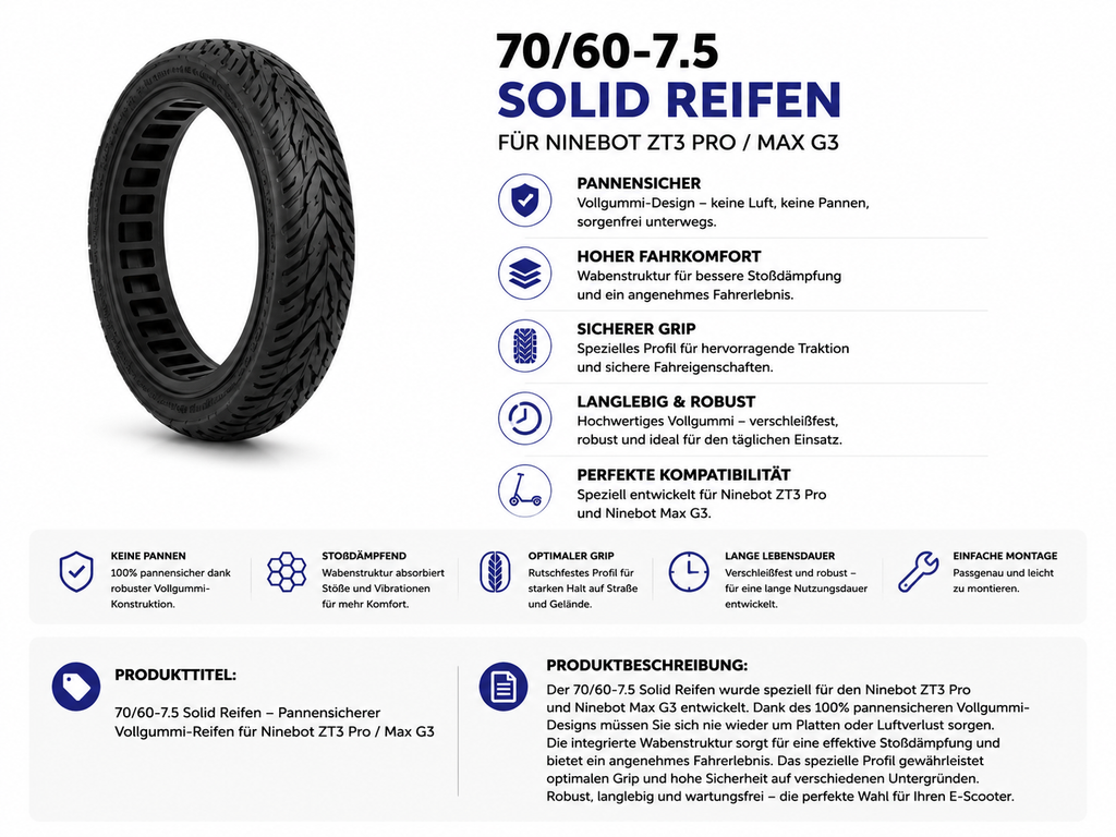 70/60-7.5 Vollgummireifen für Ninebot ZT3 Pro / Max G3