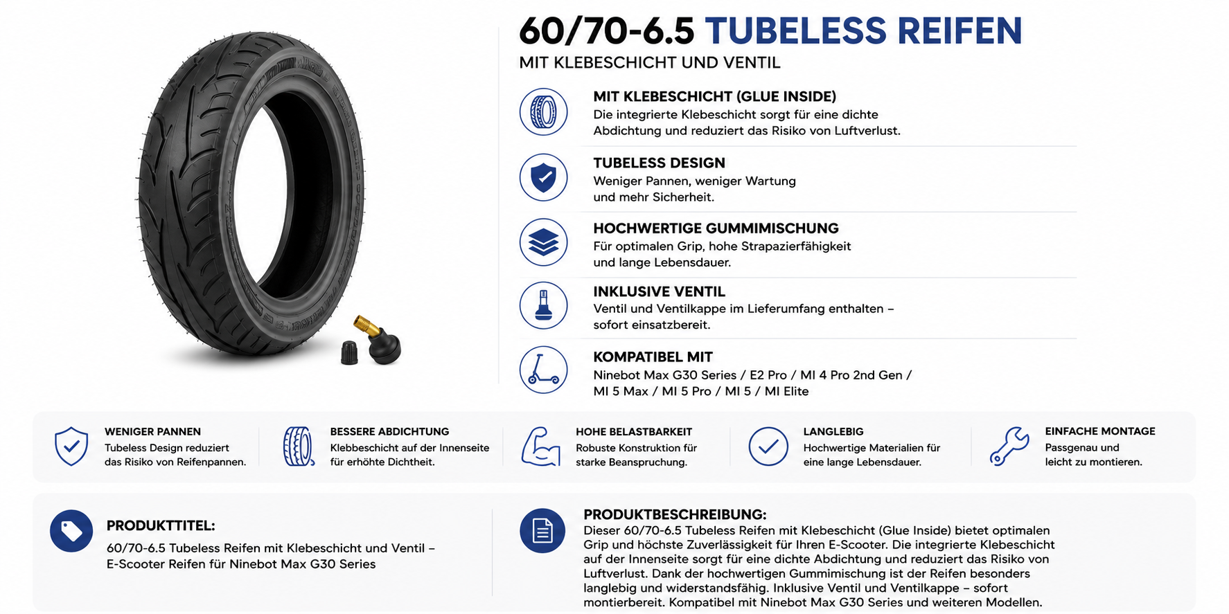 Yuanxing 60/65-6.9 Tubeless Reifen mit Dichtmittel für Ninebot Max G2