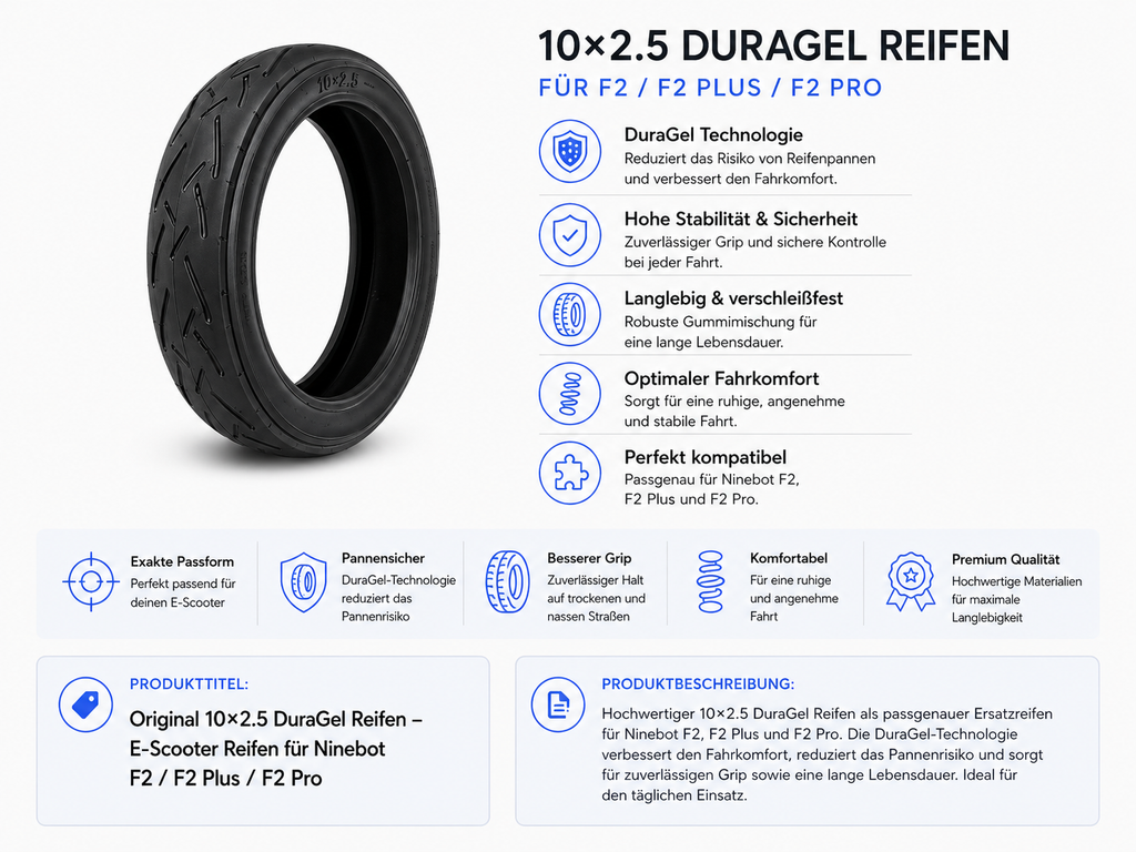 Original 10×2.5 DuraGel Reifen für Ninebot F2 / F2 Plus / F2 Pro
