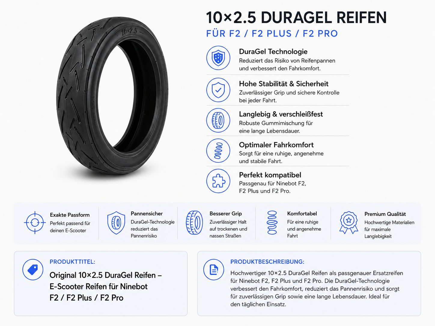 Original 10×2.5 DuraGel Reifen für Ninebot F2 / F2 Plus / F2 Pro