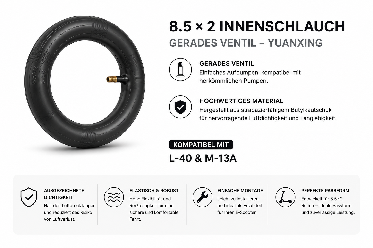 Yuanxing 8,5×2 Zoll Schlauch mit geradem Ventil für L-40 / M-13A