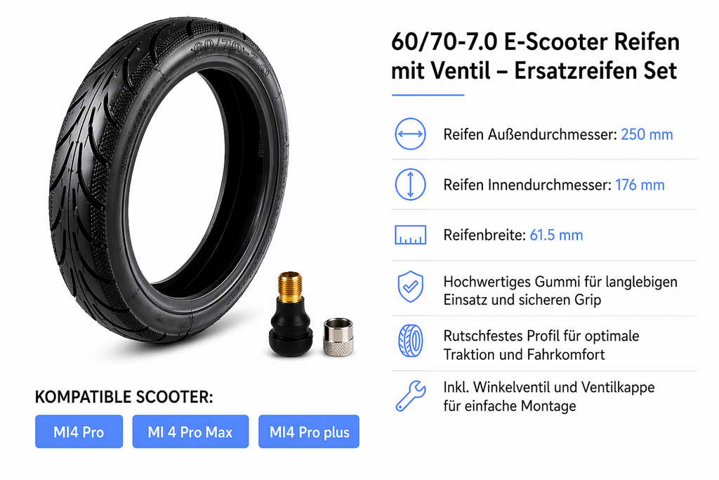 60/70-7.0 E-Scooter Reifen mit Ventil – Ersatzreifen Set für Xiaomi Mi 4 Pro / 4 Pro