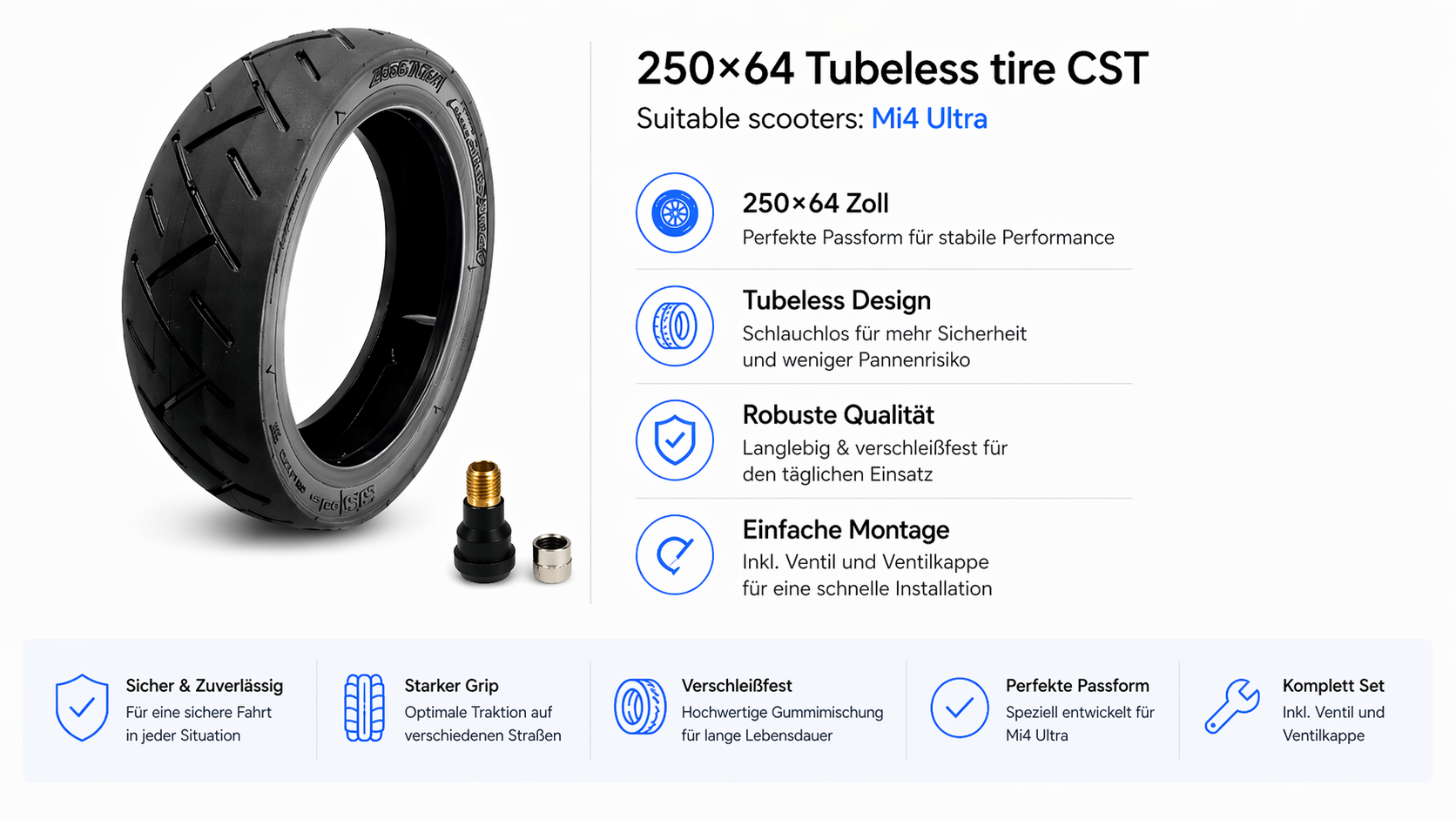 250x64 Tubeless E-Scooter Reifen CST mit Ventil – passend für Xiaomi Mi 4 Ultra