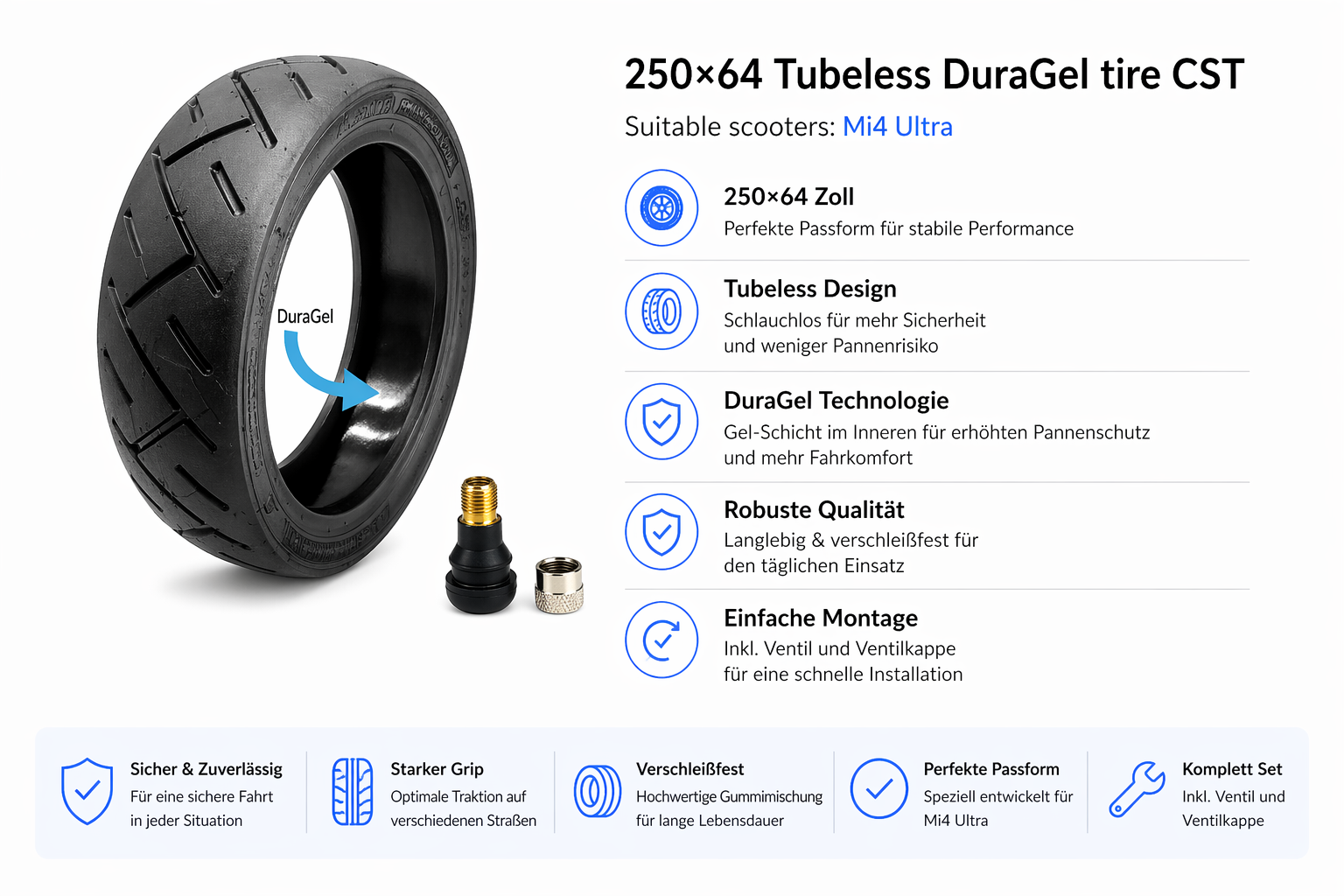 250x64 Tubeless DuraGel Reifen CST mit Ventil – passend für Xiaomi Mi 4 Ultra