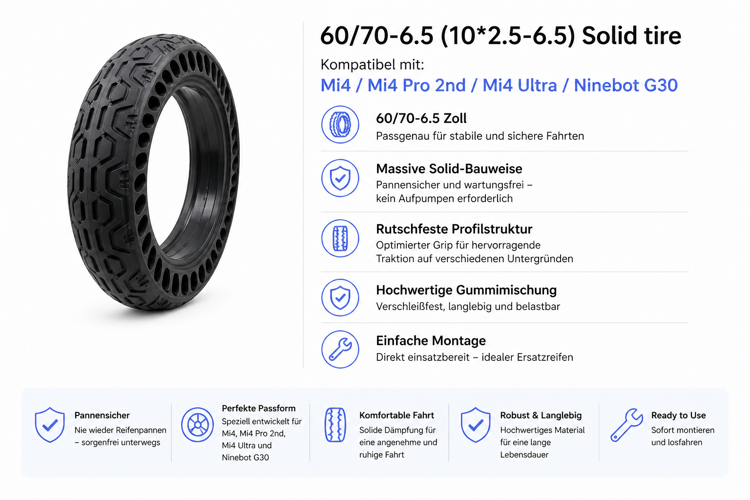60/70-6.5 Vollgummi E-Scooter Reifen – passend für Mi4, Mi4 Pro 2nd, Mi4 Ultra & Ninebot G30