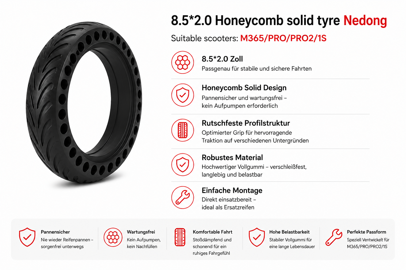 8.5x2.0 Honeycomb Vollgummi E-Scooter Reifen – passend für Xiaomi M365 / Pro / Pro 2 / 1S
