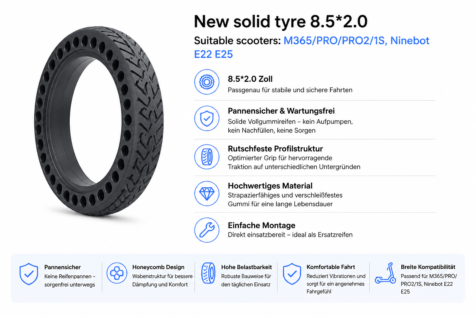 8.5x2.0 Vollgummi Reifen – passend für Xiaomi M365 / Pro / Pro2 / 1S sowie Ninebot E22 / E25