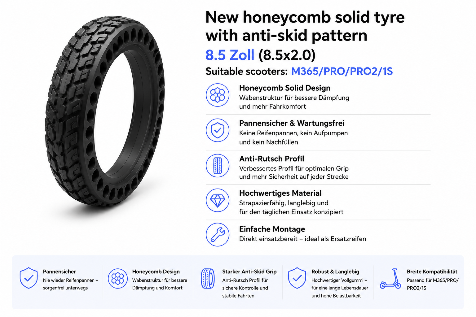 8.5x2.0 Honeycomb Vollgummi E-Scooter Reifen mit Anti-Skid Profil – passend für Xiaomi M365 / Pro / Pro 2 / 1S