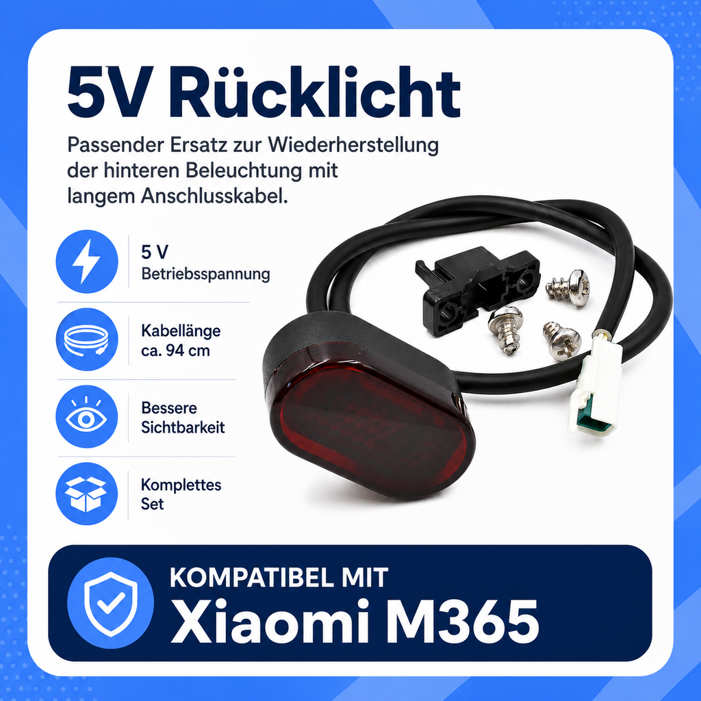 5V Rücklicht Xiaomi M365 – Infografik mit technischen Daten