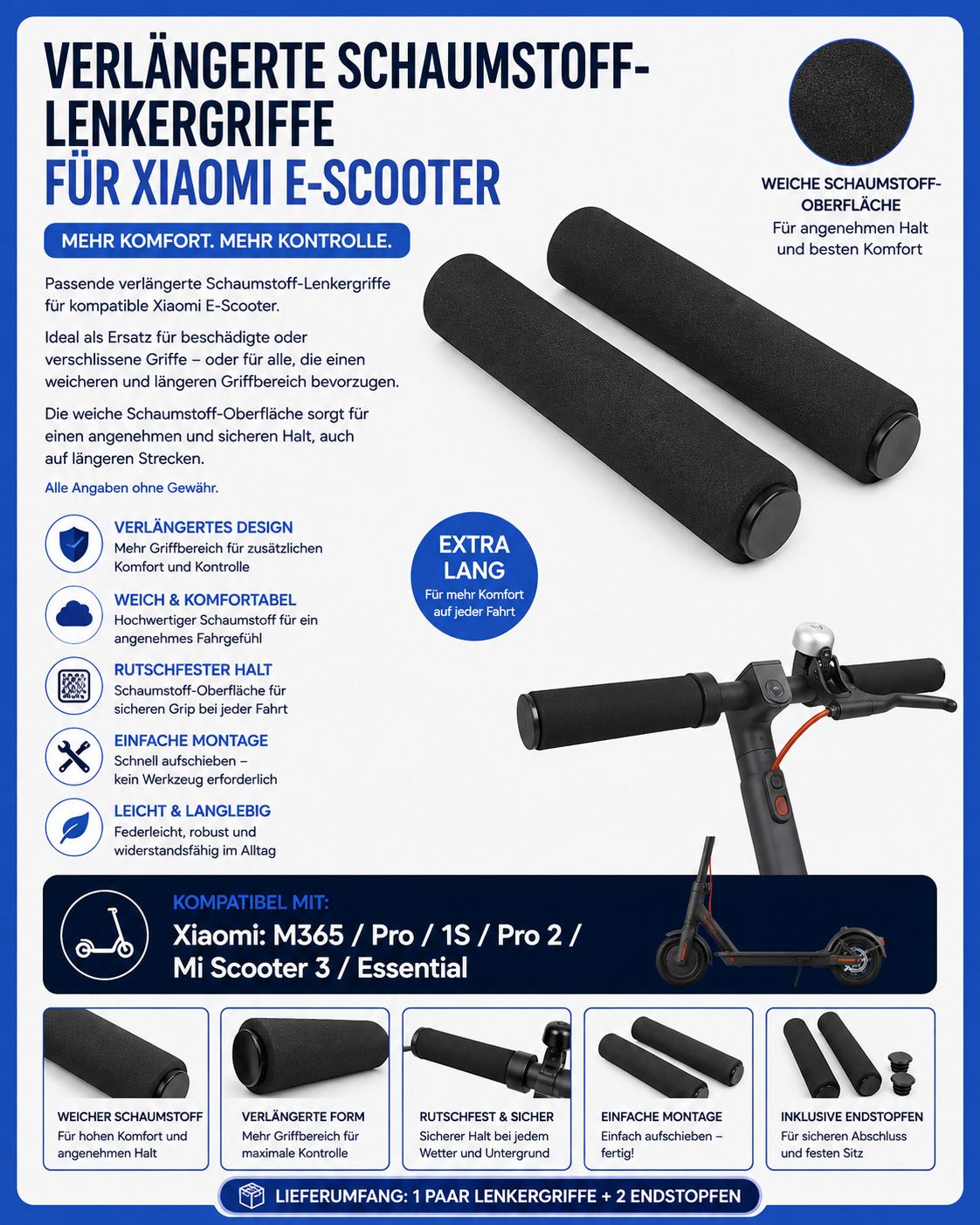 Verlängerte Schaumstoff-Lenkergriffe für Xiaomi M365 / M365 Pro / 1S / Pro 2 / Mi 3 / Essential