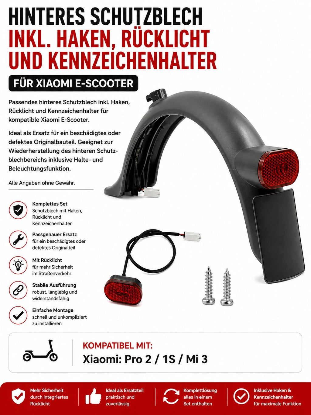 Hinteres Schutzblech mit Haken, Rücklicht und Kennzeichenhalter für Xiaomi Pro 2 / 1S / Mi 3