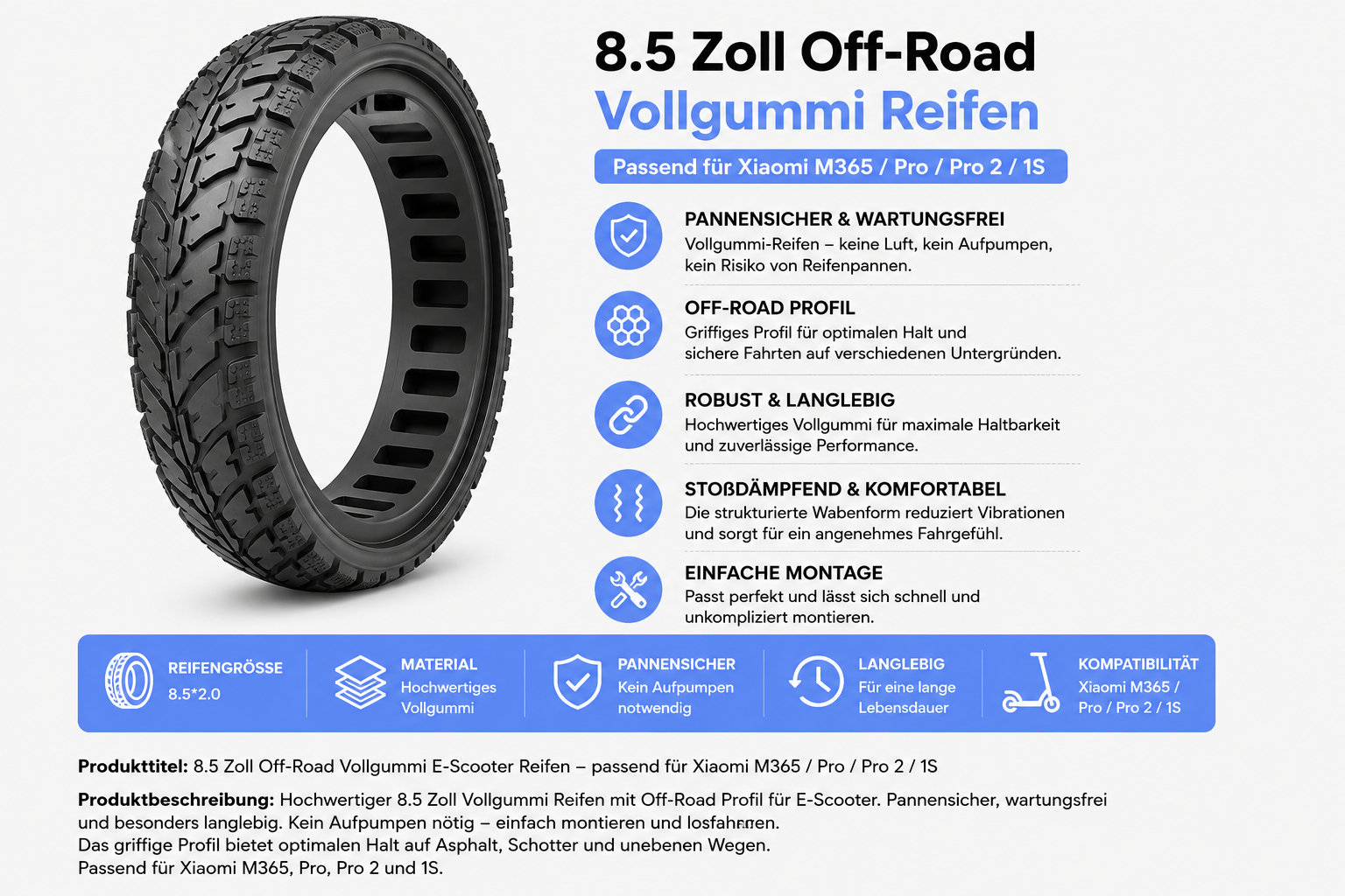 Offroad Vollgummireifen 8,5×2.0 für Xiaomi M365 / Pro / Pro 2 / 1S