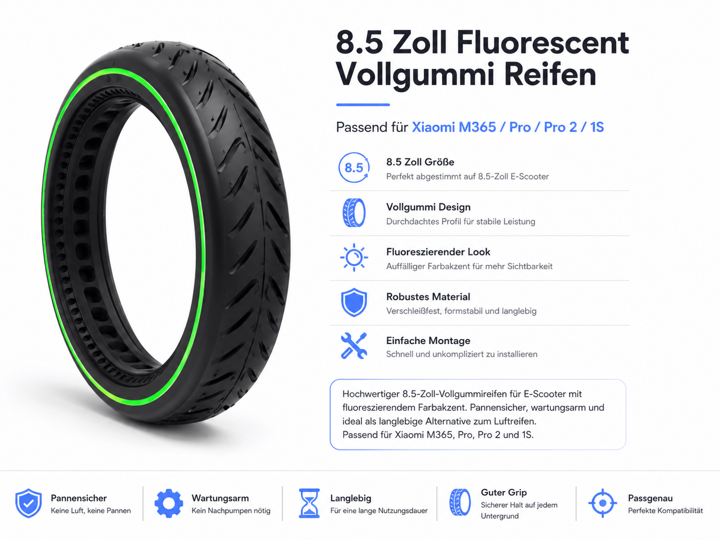 8.5 Zoll Fluorescent/Rot Vollgummi E-Scooter Reifen – passend für Xiaomi M365 / Pro / Pro 2 / 1S