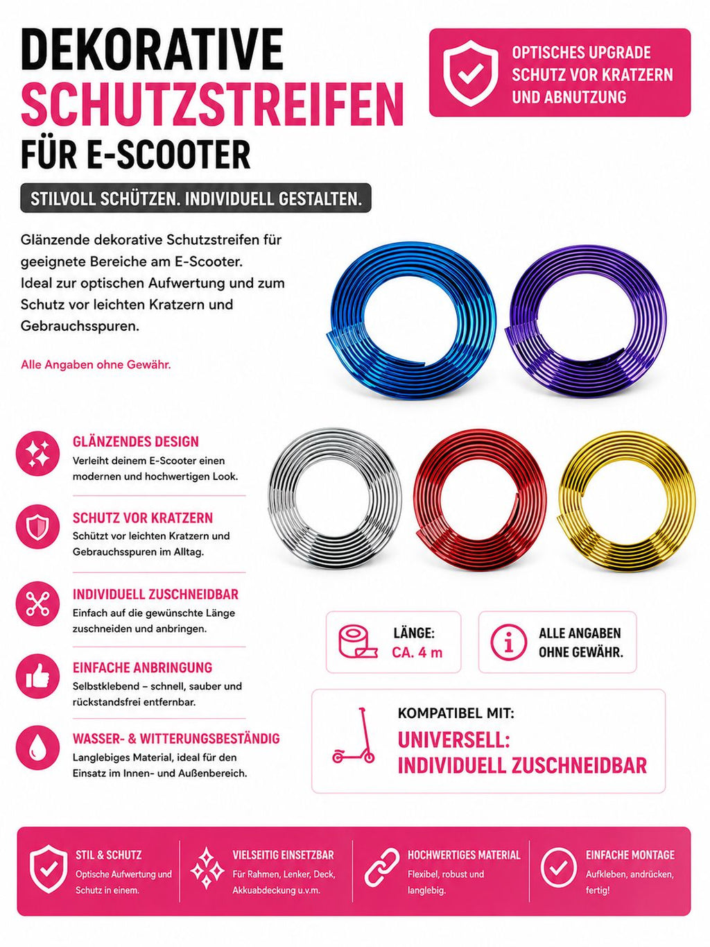 Glänzende Schutzstreifen / Stoßschutz-Sticker 4 m für E-Scooter