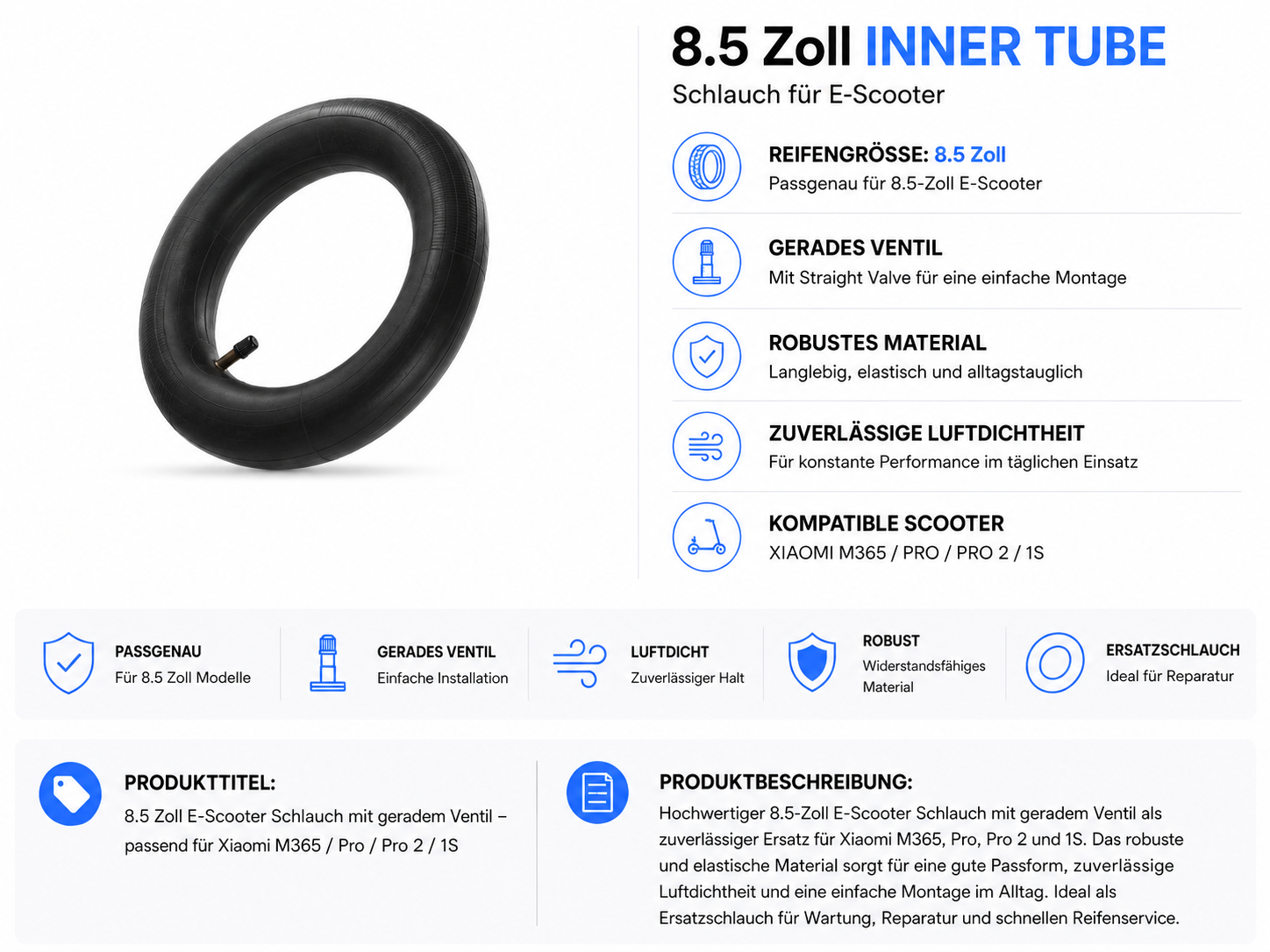 8,5 Zoll Schlauch mit geradem Ventil für Xiaomi M365 / Pro / Pro 2 / 1S